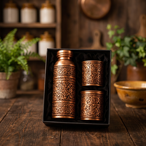 Vintage Handbeaten Design Copper Water Bottle and <b>2</b> <b>Cups</b> Set Portable <b>Flask</b> Gift Box for Home - Product Image 1