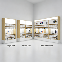 Grand présentoir mural pour accessoires de téléphone portable, cadre en bois grainé, vitrine avec éclairage LED et tiroirs de rangement verrouillables