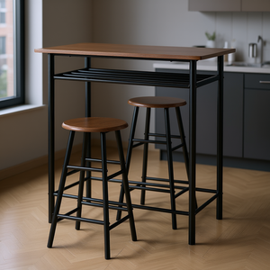 Conjunto de Mesa de Bar con 2 Taburetes Marrón Negro Moderno Rectangular con Estructura Metálica y Superficie de Madera, Muebles de Bar que Ahorran Espacio - Product Image 2