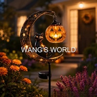 Lampu Taman Tenaga Surya Kucing Hitam & Bulan Labu Halloween dengan Desain Kartun Kreatif Tahan Angin IP44