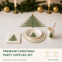 Lot de Vaisselle de Noël Biodégradable Gaufrée en Gros – 97 Pièces/16 Sets (Assiettes, Serviettes, Gobelets) – Personnalisation du Logo pour Distributeurs