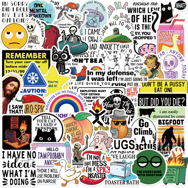 50-Piece Cartoon Snarky Meme PVC Adhesive Waterproof Stickers for DIY Decoration on Guitars Notebooks Luggage