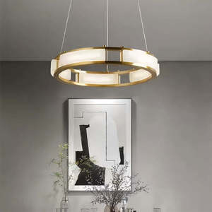 Round Brass LED <b>Chandelier</b> With Acrylic Shade Gold Color For Living Room Warm White <b>Light</b> 3500K Dimmable E27 <b>Bulb</b> Base - Product Image 2
