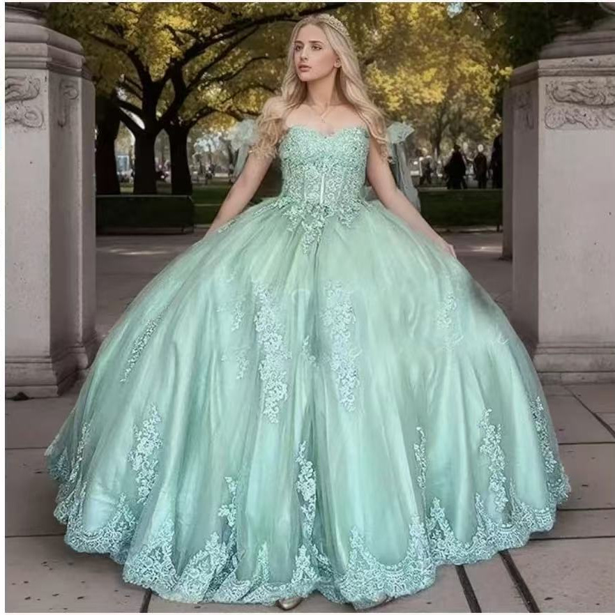 Зеленые платья Quinceanera с открытыми плечами, бальное платье с цветочной аппликацией, кружевной корсет с бантом сзади для милой вечеринки для девочек