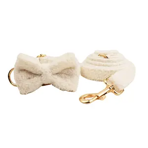 Custom Luxury Engravable Dog Collar Teddy Plush Velvet Bow Tie Soft Webbing Straps For Pet Dogs Collars Leashes Set