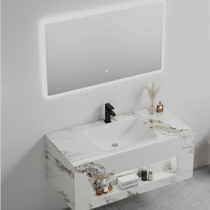 Meuble de salle de bain CR 100 cm avec miroir intelligent, motif pierre blanche, vasque en céramique intégrée - Product Image 1