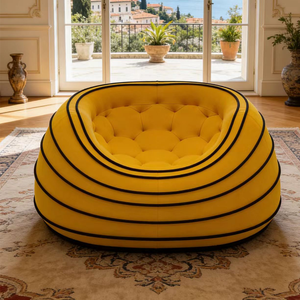 Fauteuil rond moderne en velours jaune capitonné, fauteuil d'appoint circulaire, siège lounge, mobilier de salon - Product Image 6