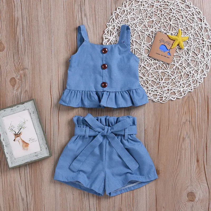 Summer little girl jean sets sleeveless flare denim vest short sets baby girl peplum top set