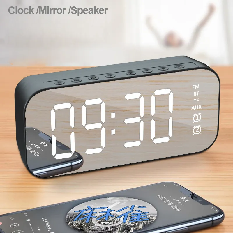Mini BT Table Wireless Speakers Portable Speaker Mirror Face Clock Hifi Stereo Sound Speaker