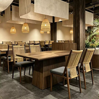 Collection de mobilier de salle à manger commercial en rotin moderne, ambiance naturelle, chaises tissées texturées, table à base lourde, mobilier de restaurant