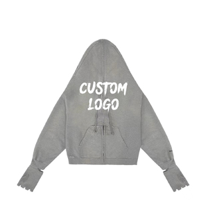 Wholesale High Quality European American Custom Logo High Street Fashion <b>Full</b> <b>Zip</b> <b>Hoodie</b> with Glove Loose Men's Cotton <b>Hoodie</b> - Product Image 4
