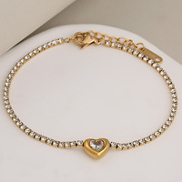 Bracelet Cœur en Acier Inoxydable Plaqué Or avec Cristaux de Zircon et Strass Brillants, Chaîne Tennis en Forme de Cœur
