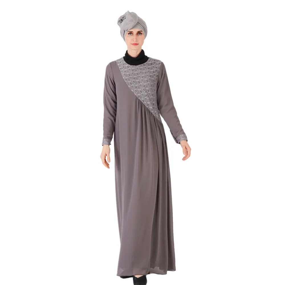 Vestido largo musulmán para mujer, falda de gasa, ropa nacional de encaje, estampado cruzado, monocromático Simple