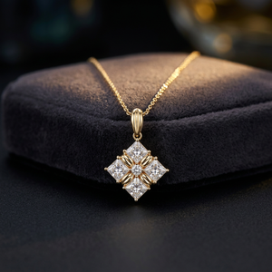 จี้เพชรทรงปรินเซสคัทแบบซ้อน 14K ทองคำเหลือง สร้อยคอทรงสี่เหลี่ยมสำหรับผู้หญิง เครื่องประดับเพชรเลี้ยงในห้องปฏิบัติการ - Product Image 1