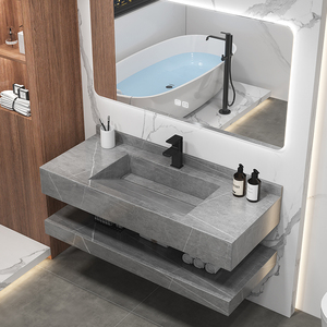 Lavabo de superficie sólida de mármol flotante doble moderno, lavabo integrado Rectangular para baño de Hotel - Product Image 4