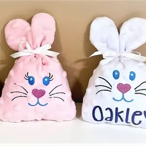 Minky-Bolsa de terciopelo para conejo de pascua, con cinta para huevos de Pascua, bolsas de regalo, rosa, bordado