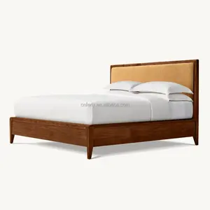 FERLY 2024 New Bedroom Furniture Natural Solid Walnut Wood Leather Panel Bed Queen King Size Customized Wooden Bed Frame