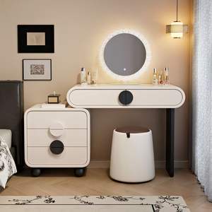 Table de toilette moderne en bois massif, simple, crème, éclairée, extensible, avec tiroirs, intégration d'angle, chambre d'hôtel - Product Image 6