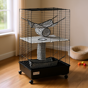 Cage à hamster PawHut 42 pouces noire avec roulettes, hamacs, tunnels, 3 portes, habitat pour petits animaux, pour furets et autres animaux de compagnie - Product Image 2