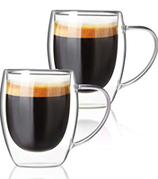 Vente directe d'usine, tasse à café en verre transparent à double paroi résistant à la chaleur en borosilicate de haute qualité avec poignée pour les boissons