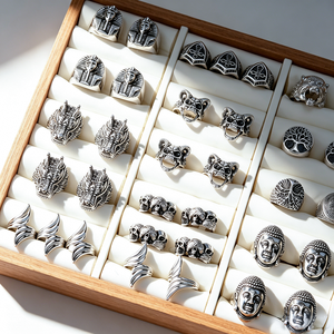 Anillos de hombre chapados en plata con diseño de animales punk, joyería de moda de aleación, diseño de Buda, dragón y calavera, regalo para uso diario - Product Image 1