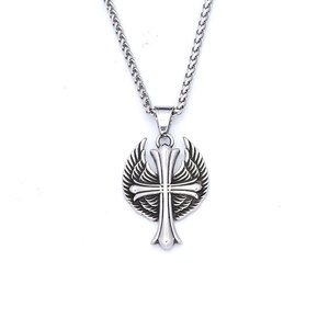 yunnique Titanium Steel <b>Cross</b> Pendant Necklace With Wings For Men Hip Hop Style Steel Colored <b>Chain</b> - Product Image 5