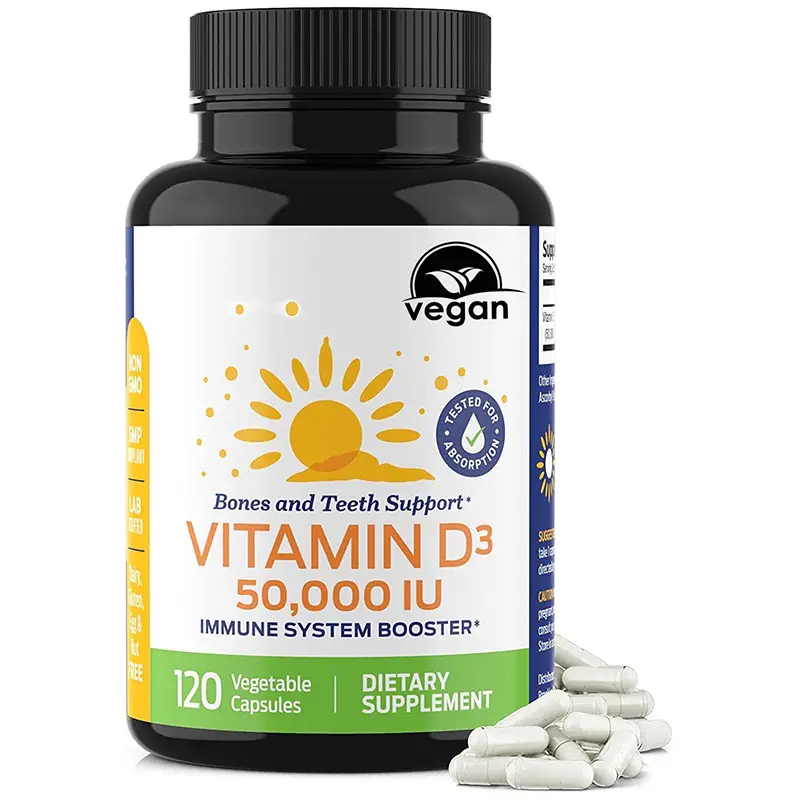 모든 자연적인 비타민 D3 분말 50000 IU 주간 보충교재-120 채소 캡슐 면역계 승압기