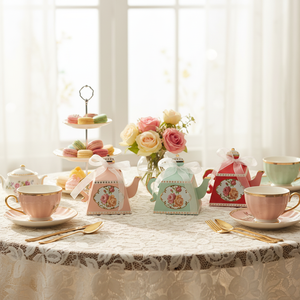 4 Colors <strong>Floral</strong> Tea Party Favour Candy Treat Paper <strong>Boxes</strong> Teapot Design Gift Goodie Paper <strong>Boxes</strong> for Wedding Tea Party Decorations - Product Image 6