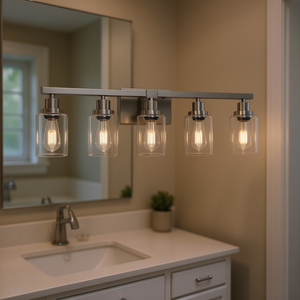 Luminaire de salle de bain moderne à 5 lumières, 31 pouces, finition nickel brossé avec abat-jour en verre transparent, éclairage pour zone de toilette (sans ampoules) - Product Image 2