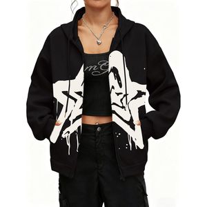 Sudadera con capucha y cremallera con estampado de estrellas para mujer, estilo Y2K, holgada, con capucha, estilo grunge, estética urbana, chaqueta de punto de manga larga - Product Image 1