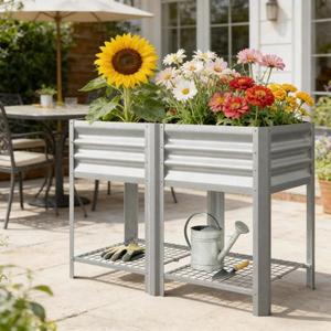 Jardinera Elevada de Acero Galvanizado con Estante de Almacenamiento, Contenedor para Plantas de Exterior Plateado - Product Image 2