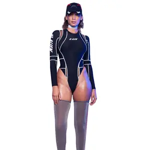 2024 Techwear pengendara sepeda motor T-shirt Mesh hitam Goth wanita Jumpsuit atasan potong T Shirt seksi lengan panjang Bodysuit