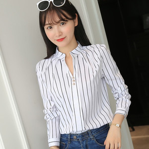 Nouvelle <span class=keywords><strong>Blouse</strong></span> Décontractée Ample à Rayures et Col Montant, Manches Longues, Blanc, pour Femme, Été et Automne - Product Image 3