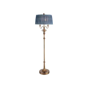 European Style Antique Brass LED Blue Pleaded Shade Indoor Art Decor Standing Lamps