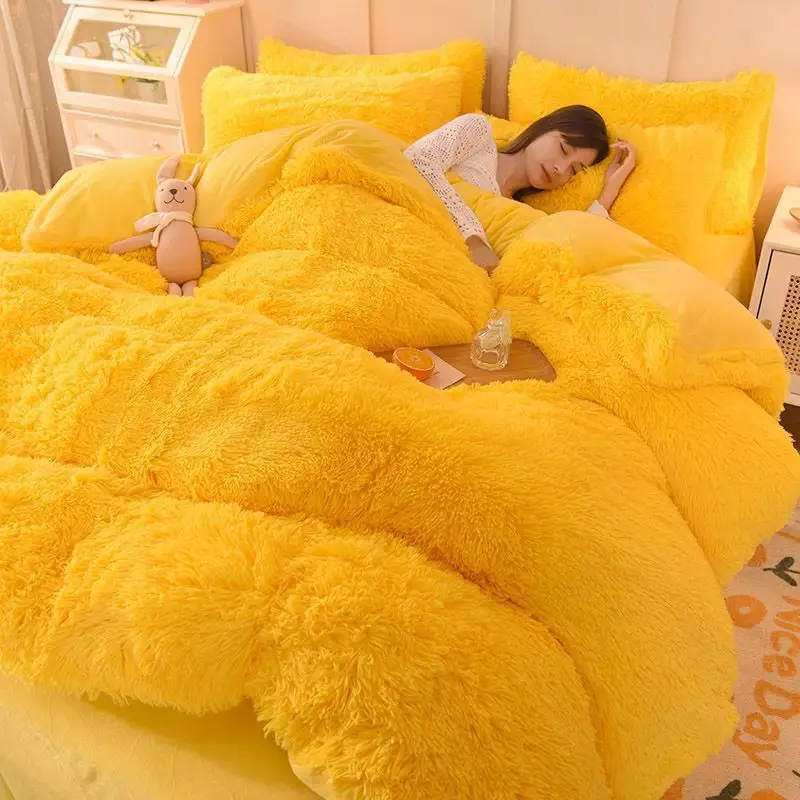 इंद्रधनुष रंग नकली फर वेल्वेट फ्लुफी प्लश लड़की बिस्तर शीट के लिए 4 टुकड़े गर्म सर्दियों के बिस्तर