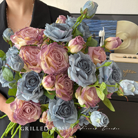 3 Têtes de Roses Artificielles Réalistes en Soie Brûlée, Bords Grillés, pour Mariage, Décoration Intérieure, Thanksgiving