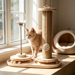 Zona Attività per Animali Domestici con Robusta Base in Legno, Tiragraffi per Gatti con Giocattolo a Molla e Palla su Pista per Gioco al Chiuso e Cura delle Unghie - Product Image 2