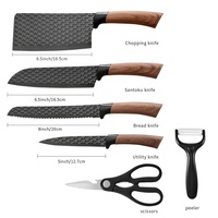 En stock – Lot de 6 couteaux de cuisine antiadhésifs en acier inoxydable avec lame noire et manche en bois – Couteaux de chef