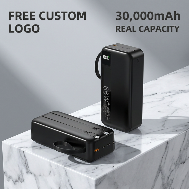 30000mAh High-Quality Power Bank with Built-in Cables Fast Charging LED Digital Display and Built-in Light Free Custom Logo