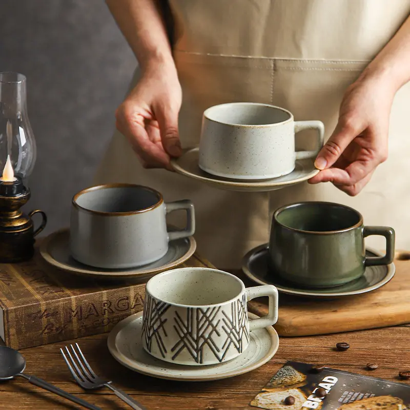 255ml Nhật Bản Phong Cách Creamic cốc cà phê handmade Retro sứ ăn sáng cốc tay đấm cốc cà phê và đĩa Bộ quà tặng