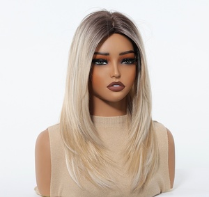 Perruque synthétique sans lacet, lisse crépu, usage quotidien, fibre haute température résistante à la chaleur, brun <span class=keywords><strong>blond</strong></span> <span class=keywords><strong>dégradé</strong></span>, 150% - Product Image 1