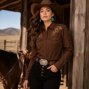 Camisa Unisex de Algodón con Bordado Estilo Western, Manga Larga, Casual, de Sarga, Hecha a Mano, Transpirable, Estilo Otoñal - Product Image 1