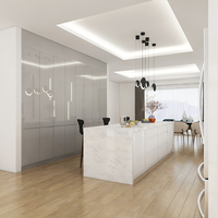 Simple Moderne Suspendu Intégré Cuisine Designs Unité Soild Bois I Forme Pvc Brillant Porte Complète Modulaire Laque Armoires De Cuisine