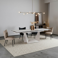 Table à manger extensible moderne avec plateau en céramique rectangulaire, cadre en acier au carbone, revêtement en poudre blanche