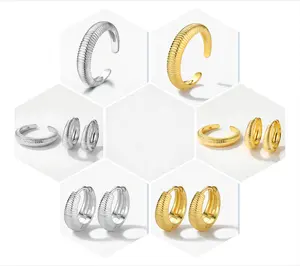 Simple Women Fashion Silver 925 Hoop Earring Opening Rings 18k Gold Women Luxury Lighting Fine Jewelry S925 Ring Earring Set