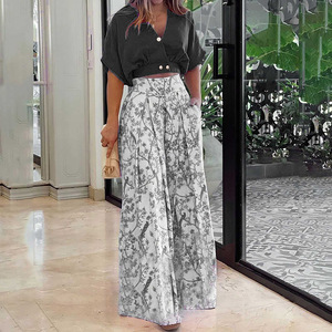 Women's Summer Fashion <strong>Plus</strong> <strong>Size</strong> Women's <strong>Clothing</strong> V-neck Short Sleeve Shirt Top Wide-leg Pants Causal Two Piece Sets - Product Image 4