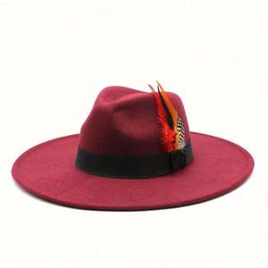 Sombrero Clásico de Ala Ancha de Fieltro para Exteriores, Sombreros Fedora para Mujer al por Mayor 2022 con Cinturón de Plumas - Product Image 5