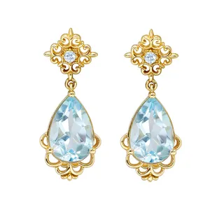 925 Sterling Silver 14K Gold Plated Gemstone French Vintage Court Style Drop Sky Blue Topaz Earrings