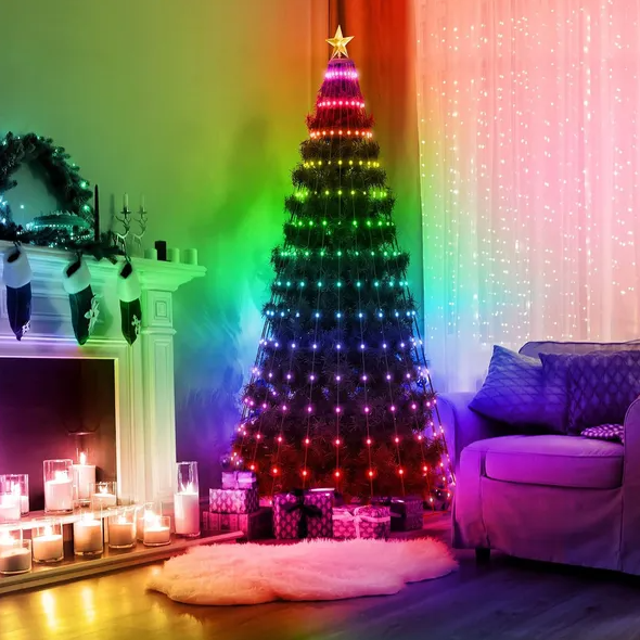 FCJ Customized Multi-Color LED Christmas Tree Lights Collapsible Remote App Control IP65 Waterproof Alexa Google Assistant Timer
