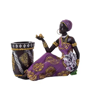 Afrikaanse Sculptuur Vintage Tribal Lady Beeldje Kunst Kunst Kunst Menselijke Decoratieve Vaas Bloempot Home Art